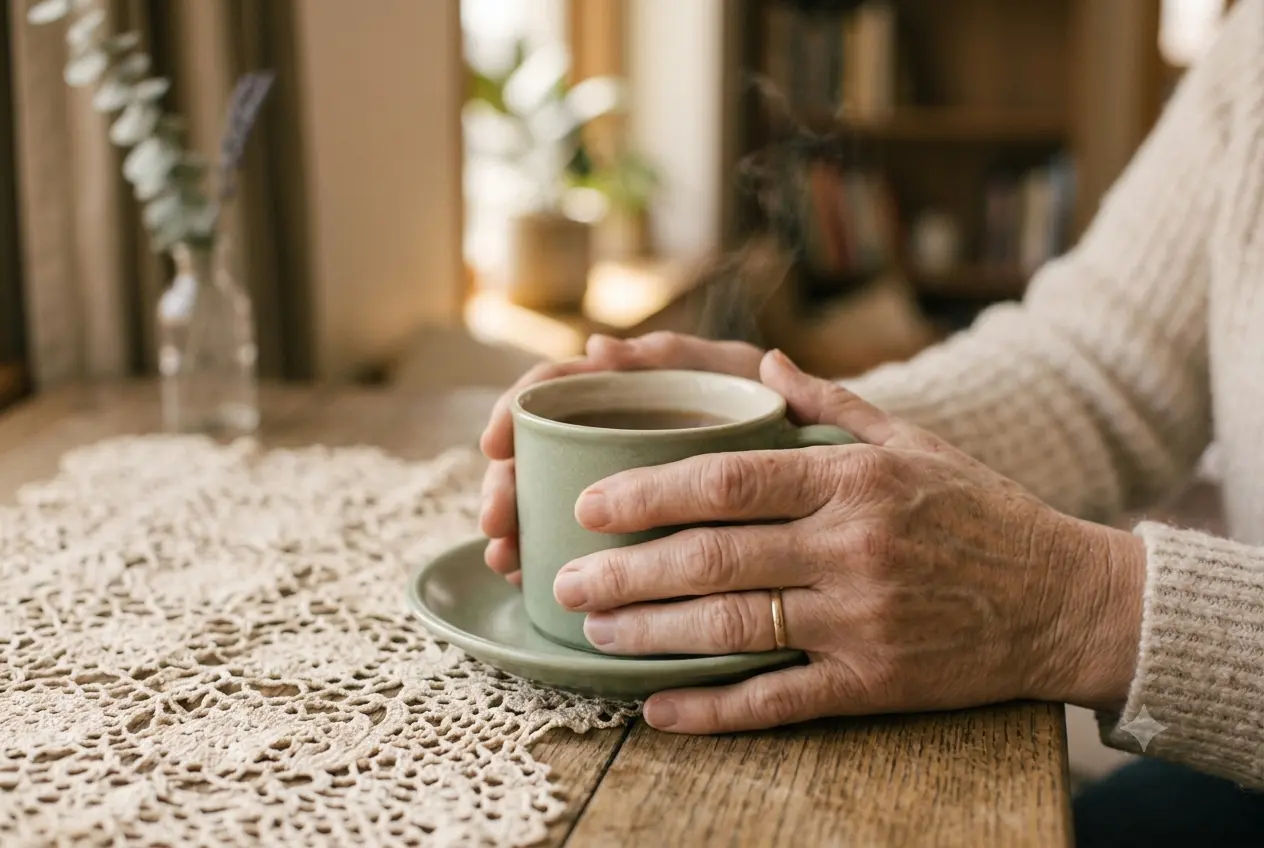 An older person's hands holding a cup of tea, evoking the warmth of a grandparent's home