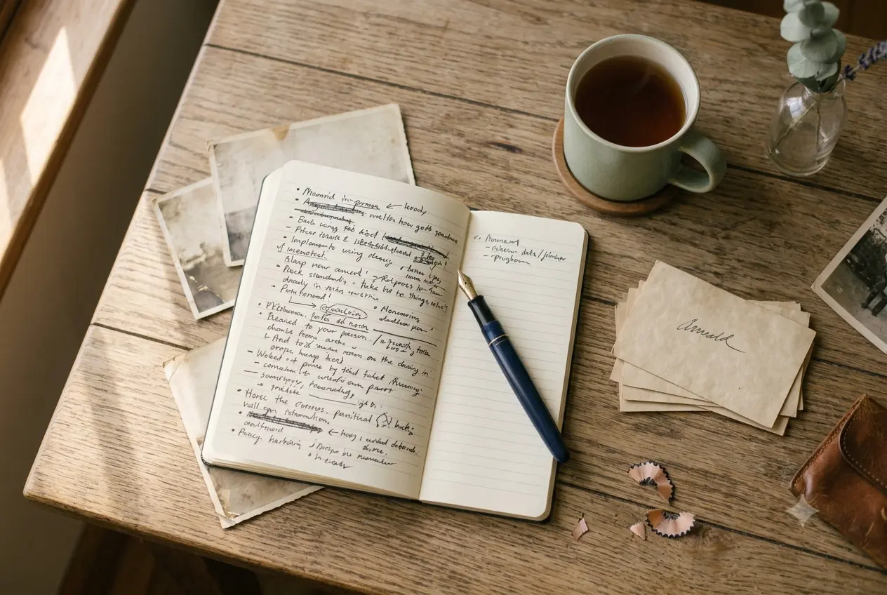 Handwritten notes mapping out the structure of a eulogy on a wooden table