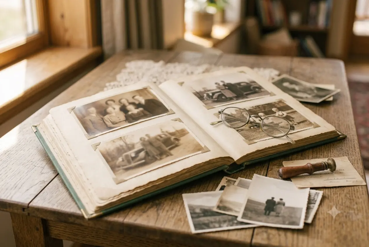 An old family photo album open on a table, surrounded by loose photographs