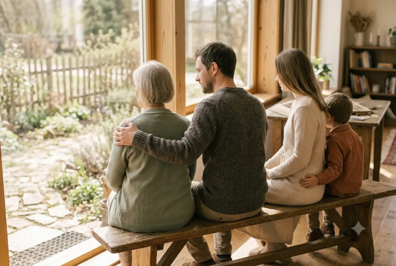 Family members sitting together, supporting one another