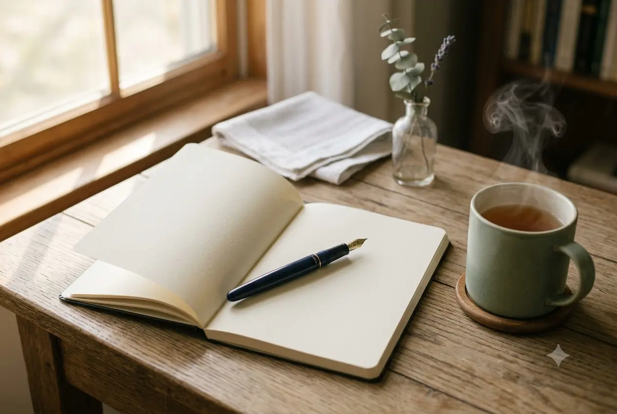 A quiet desk with a blank notebook and a cup of tea, the moment before writing a eulogy
